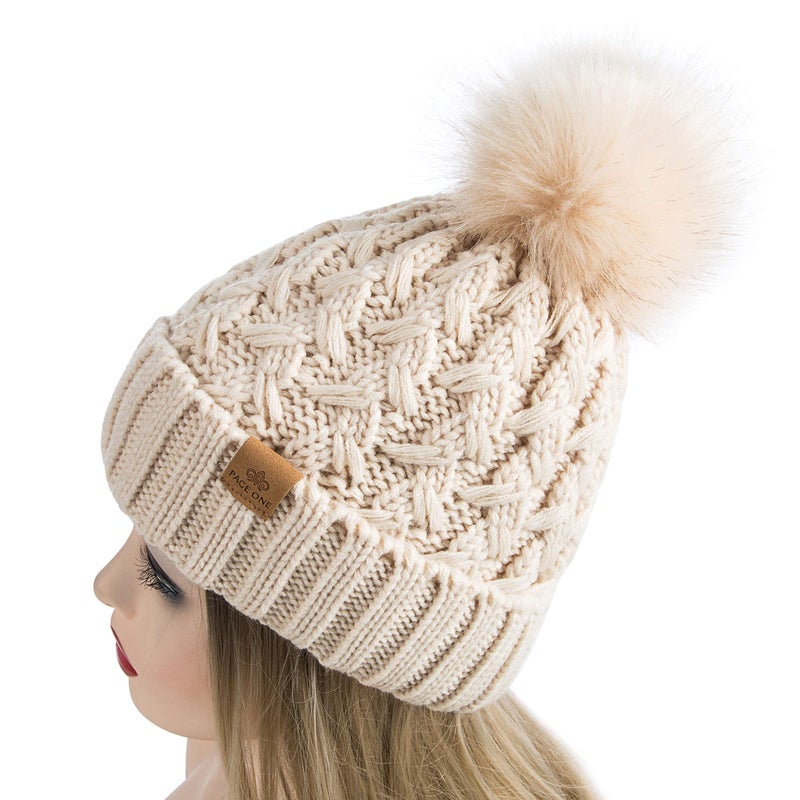 PAGE ONE Womens Winter Ribbed Beanie Crossed Cap Chunky Cable Knit Pompom Soft Warm Hat Beige - Image 3